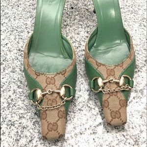 100% AUTHENTIC GUCCI MULES/HEELS WEB MONOGRAM Sz 8.5B
